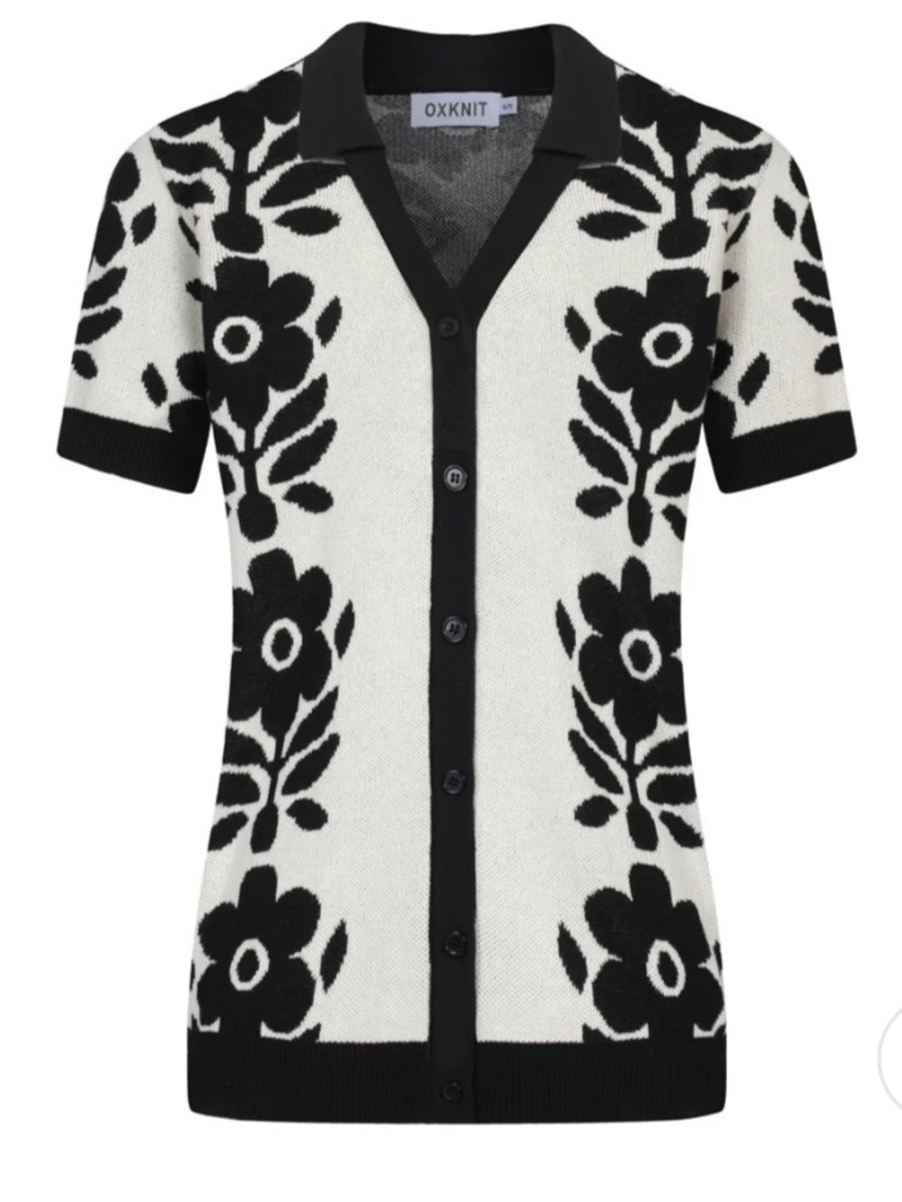 OXKNIT Women's Black & White Floral Short-Sleeve Jacquard Cardigan